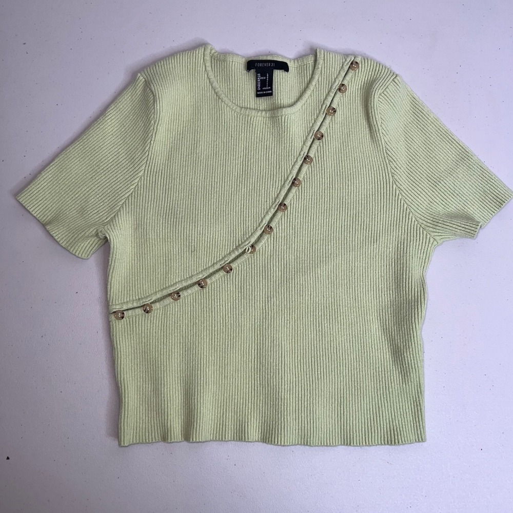 Forever 21 Ribbed Asymmetrical Button Detail Short Sleeve‎ Top Women's Size L